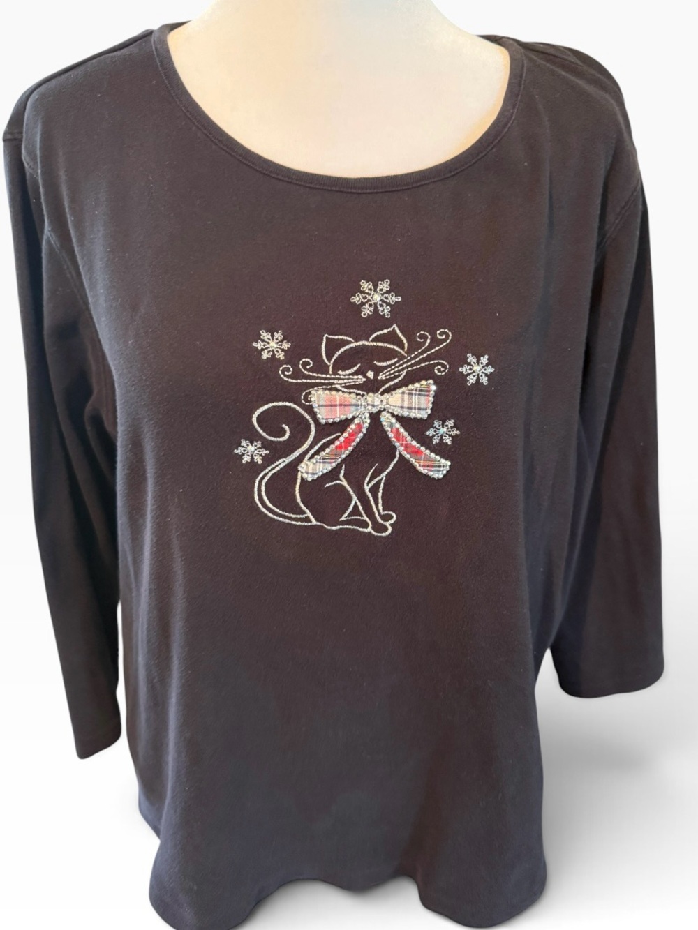 Women's Karen Scott Black Cat Graphic 3/4 sleeve Top with Plaid Bow EUC Size 1X